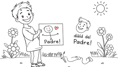 Placa de color del Día del Padre con un niño que regala un dibujo a su papá.