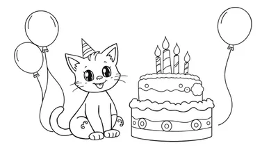 Placa de color de un gato feliz con gorro de fiesta, pastel de dos pisos con velas y globos.