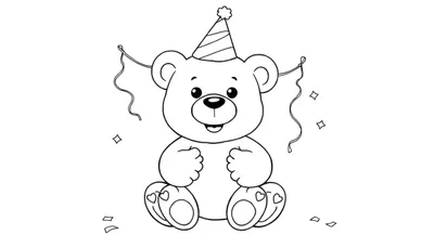 Oso de peluche de placa de color celebrando con serpentinas y confeti.