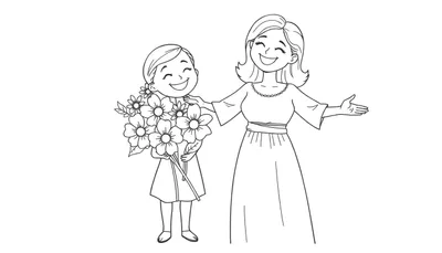 Placa de color: Niña sonriente regala flores a su mamá sonriente en un dibujo en blanco y negro.