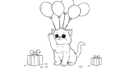 Placa de color de un gatito con globos y regalos.