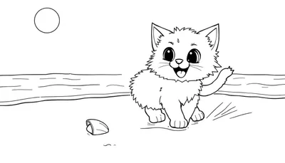 Placa de color con un gatito feliz agitando la pata en la playa.