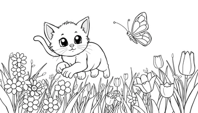 Placa de color: gatito persiguiendo una mariposa entre flores.