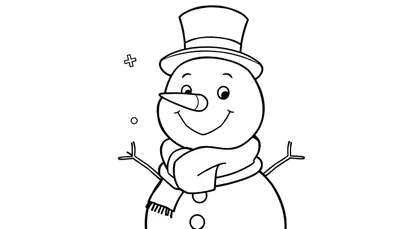 Dibujo lineal de un muñeco de nieve feliz con sombrero de copa y bufanda, listo para la placa de color.