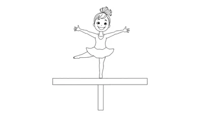 Placa de color de una gimnasta sonriente con el pelo recogido, con un maillot y tutú, extendiendo los brazos y haciendo un equilibrio sobre una pierna en una barra.