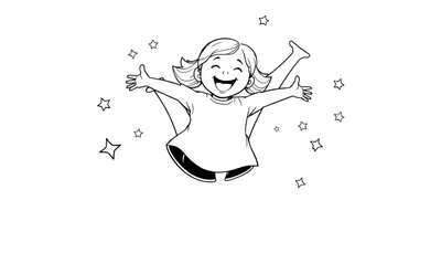 Placa de color: una niña sonriente haciendo una voltereta rodeada de estrellas.