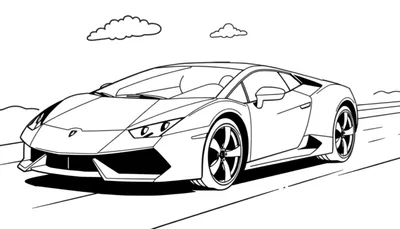 Un coche deportivo Lamborghini de color para colorear, con líneas gruesas y sencillas, sobre una carretera en perspectiva, con dos nubes onduladas en el cielo.