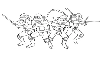 Las Tortugas Ninja listas para la acción, con líneas de una placa de color.