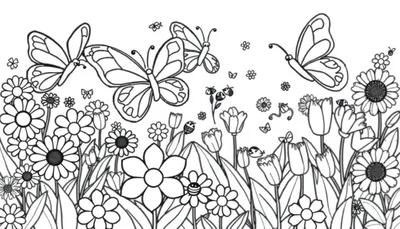 Placa de color con un jardín de flores y mariposas para colorear.
