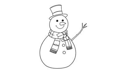 Una placa de color de un muñeco de nieve amigable con sombrero y bufanda, listo para colorear.