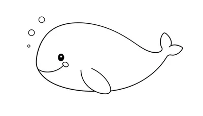 Una ballena sonriente y simpática con tres burbujas flotando cerca de su cabeza, lista para ser coloreada en esta placa de color.