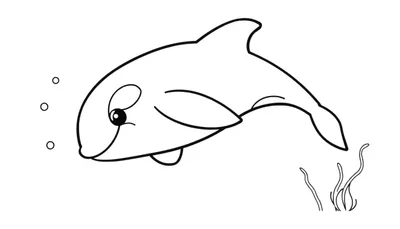 Placa de color de una orca sonriente nadando con burbujas y algas marinas.
