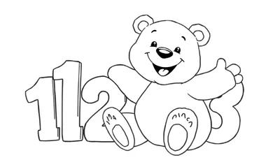 Placa de color de un oso de peluche sonriente saludando con los números 1, 2, 3.