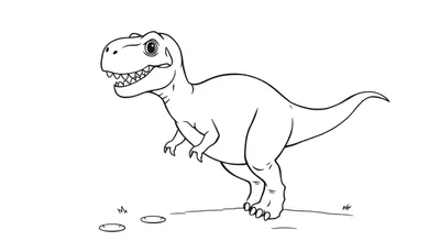 Placa de color de un Tiranosaurio Rex amigable caminando sobre hierba.