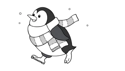 Placa de color: un pingüino de dibujos animados con una bufanda a rayas patinando sobre hielo rodeado de copos de nieve.
