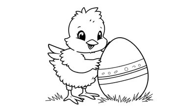 Placa de color de un pollito de Pascua junto a un huevo decorado.
