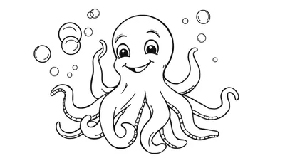 Placa de color de un pulpo sonriente con burbujas.