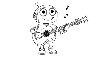 Un robot simpático en una placa de color tocando la guitarra.
