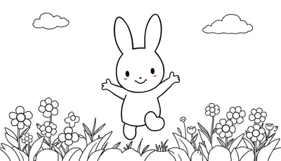 Placa de color con Miffy saltando en un campo de flores.