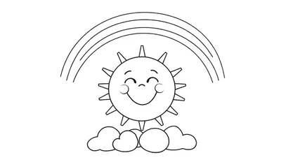 Una placa de color de un sol sonriente con un arcoíris y nubes.