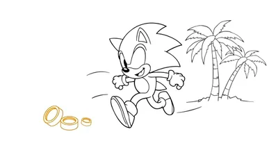 Placa de color de Sonic el Erizo corriendo con anillos dorados y palmeras.