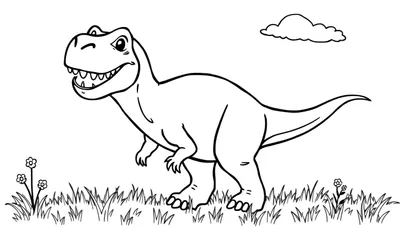 Placa de color de un Tiranosaurio Rex sonriente.