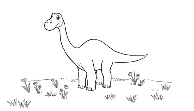 Placa de color de un dinosaurio Diplodocus amigable en un campo.