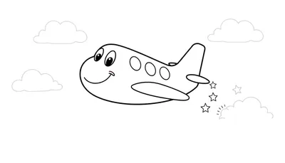 Placa de color de un avión de dibujos animados con cara sonriente volando entre nubes.