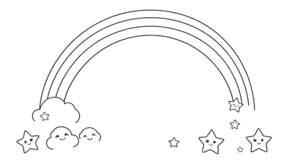 Una página para colorear con un arcoíris, nubes sonrientes y estrellas, una placa de color completa.
