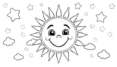 Un sol sonriente con rayos puntiagudos y ondulados, rodeado de estrellas de cinco puntas y nubes suaves. Es un dibujo lineal en blanco y negro para colorear, con la placa de color lista para ser utilizada.