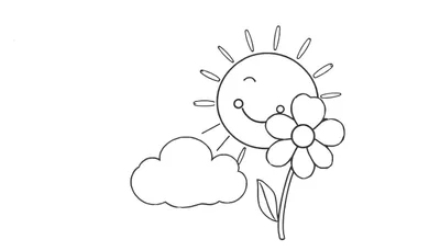 Placa de color: un sol sonriente con rayos, una nube y una flor con una hoja.
