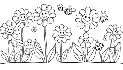 Placa de color con un jardín lleno de flores sonrientes, abejas y mariquitas.