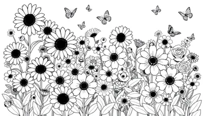 Placa de color de un jardín de flores y mariposas en blanco y negro.