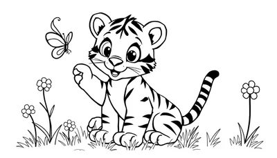 Placa de color de un cachorro de tigre saludando a una mariposa en un campo de flores.