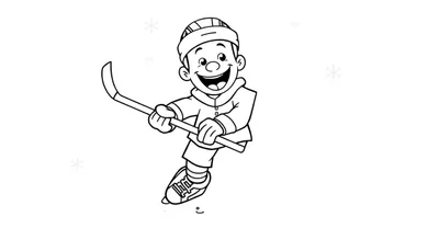 Placa de color: niño sonriente jugando al hockey sobre hielo con un palo.