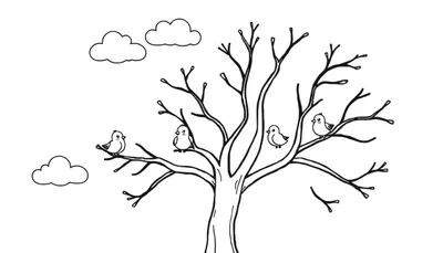 Placa de color de un árbol sin hojas con pájaros y nubes.