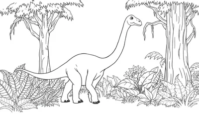 Un dibujo lineal en blanco y negro de un dinosaurio herbívoro de cuello largo, como un braquiosaurio, caminando entre plantas prehistóricas, listo para ser coloreado en una placa.