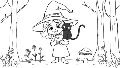 Placa de colorear de una brujita sonriente con un gato negro en un bosque mágico.