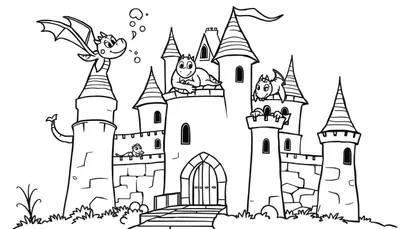 Placa de colorear: Castillo con dragones amigables