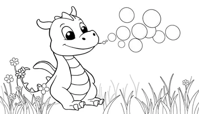 Un dragón de dibujos animados amigable soplando burbujas en un campo de flores, listo para ser coloreado en una placa.