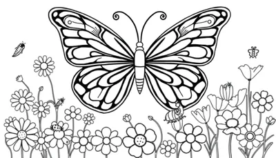 Placa de colorear con una mariposa y flores.