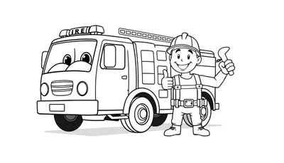 Placa de colorear: un camión de bomberos sonriente con la palabra 'FIRE' y un trabajador de la construcción con casco dando pulgar hacia arriba con una llave inglesa.