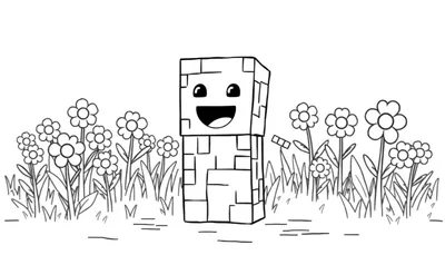Un Creeper de Minecraft sonriente rodeado de flores, listo para ser coloreado en una placa.