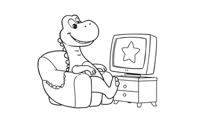 Un dinosaurio de dibujos animados sentado en una silla mirando un ordenador, listo para colorear en esta placa.