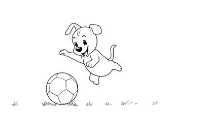 Un dibujo lineal de un perro de dibujos animados feliz saltando hacia un balón de fútbol en un campo de hierba, listo para ser coloreado en una placa.