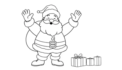 Papá Noel sonriente saludando con tres regalos al lado, listo para colorear en una placa.