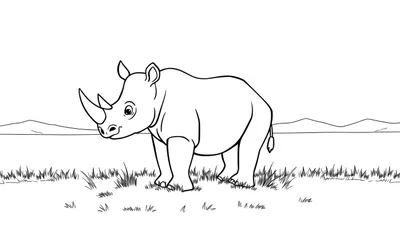 Un adorable rinoceronte bebé de dibujos animados esperando a ser coloreado en una placa.