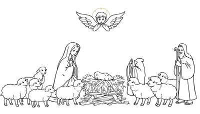 Placa de color con el nacimiento, María, el bebé Jesús, pastores y ovejas, con un ángel flotando encima.