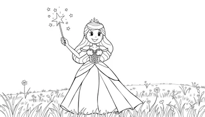 Placa de color de una princesa sonriente con un vestido elegante y una varita mágica.