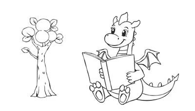 Placa de color: un dragón amigable leyendo un libro bajo un árbol mágico.